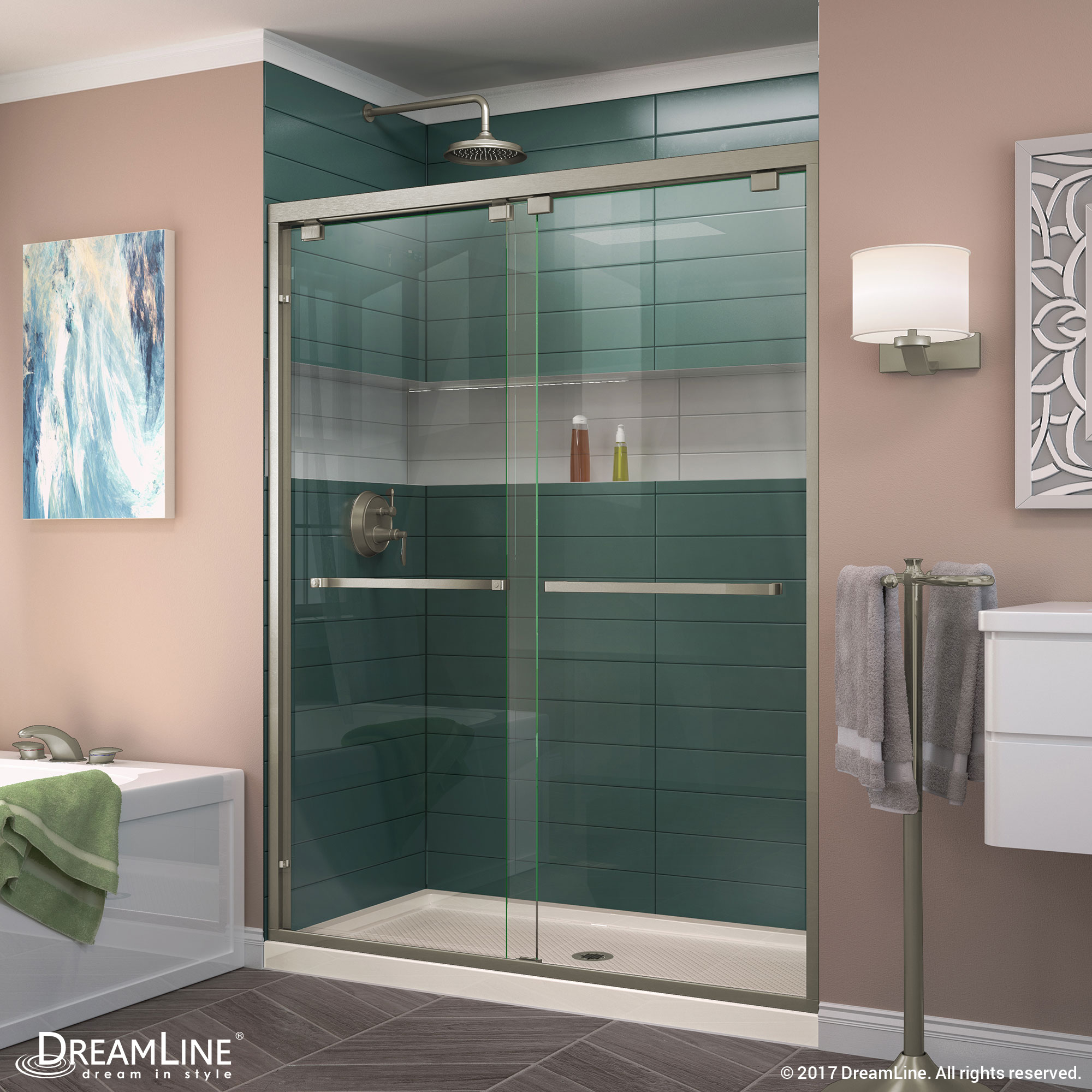 DreamLine Encore 34 in. D x 48 in. W x 78 3/4 in. H Bypass Shower Door in Brushed Nickel and Center Drain White Base Kit