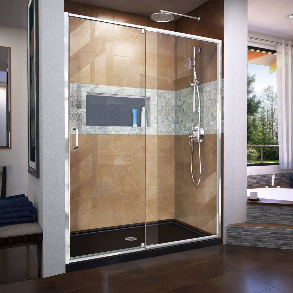 DreamLine Flex 30 in. D x 60 in. W x 74 3/4 in. H Semi-Frameless Pivot Shower Door in Chrome with Center Drain Biscuit Base Kit