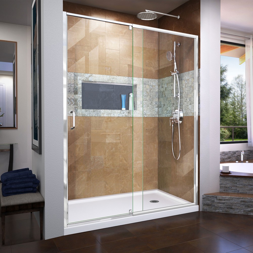 DreamLine Flex 30 in. D x 60 in. W x 74 3/4 in. H Semi-Frameless Pivot Shower Door in Chrome with Left Drain Black Base Kit