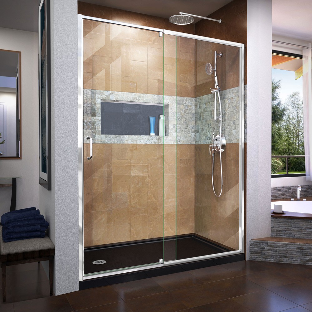 DreamLine Flex 30 in. D x 60 in. W x 74 3/4 in. H Semi-Frameless Pivot Shower Door in Chrome with Right Drain Black Base Kit