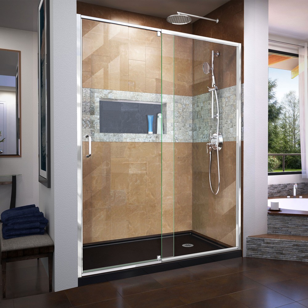 DreamLine Flex 34 in. D x 60 in. W x 74 3/4 in. H Semi-Frameless Pivot Shower Door in Chrome with Right Drain Biscuit Base Kit