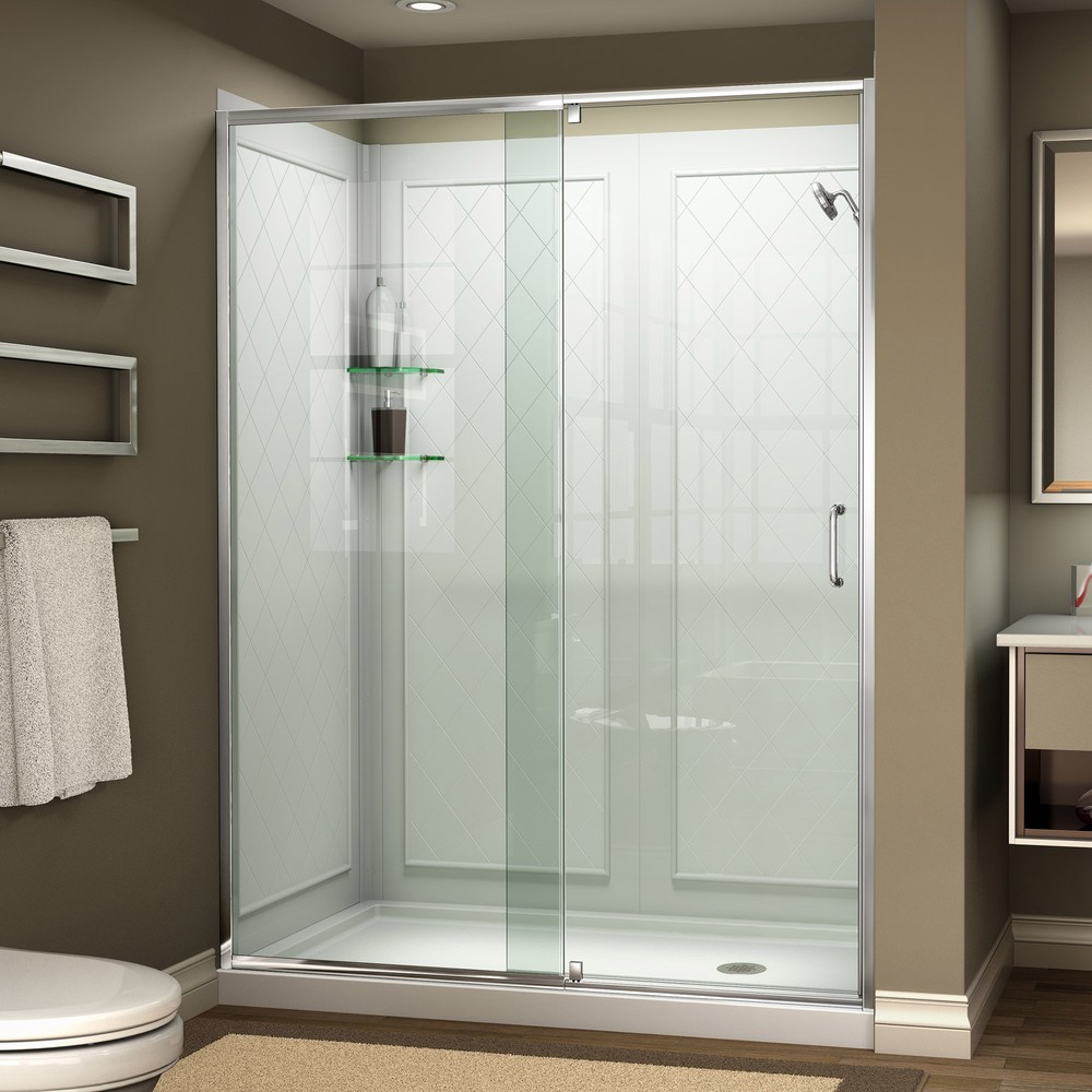 DreamLine Flex 34 in. D x 60 in. W x 74 3/4 in. H Semi-Frameless Pivot Shower Door in Chrome with Right Drain Black Base Kit