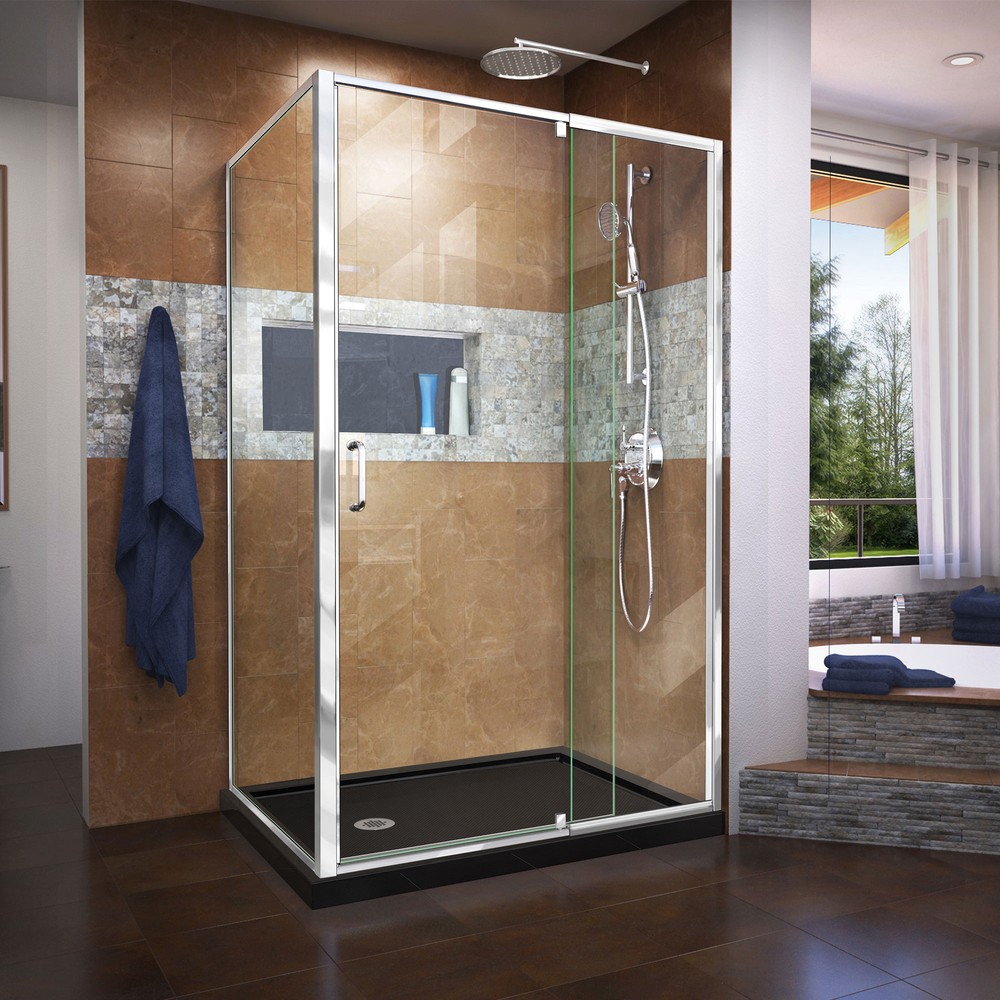 DreamLine Flex 36 in. D x 48 in. W x 74 3/4 in. H Semi-Frameless Pivot Shower Enclosure in Chrome and Right Drain Biscuit Base K