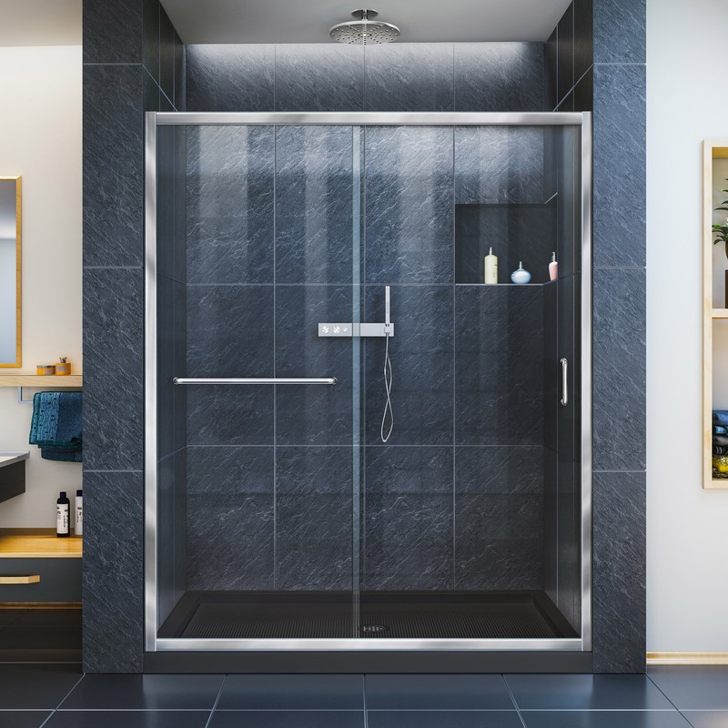 DreamLine Infinity-Z 30 in. D x 60 in. W x 74 3/4 in. H Clear Sliding Shower Door in Chrome and Center Drain Biscuit Base