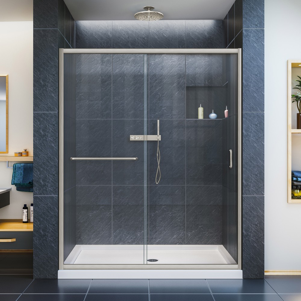 DreamLine Infinity-Z 30 in. D x 60 in. W x 74 3/4 in. H Clear Sliding Shower Door in Oil Rubbed Bronze, Center Drain Biscuit Bas