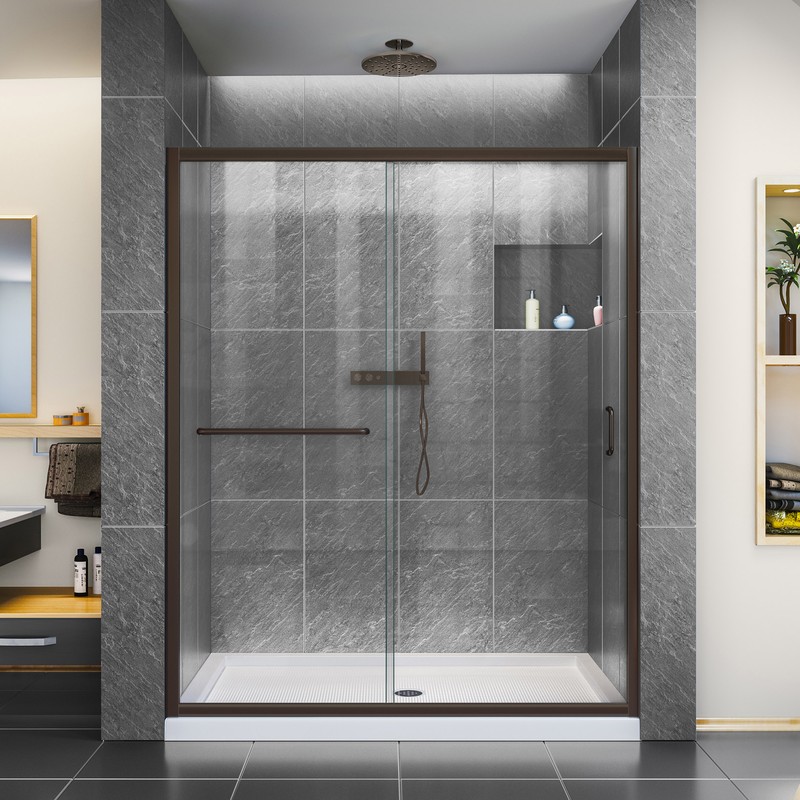 DreamLine Infinity-Z 32 in. D x 60 in. W x 74 3/4 in. H Clear Sliding Shower Door in Chrome and Right Drain Black Base