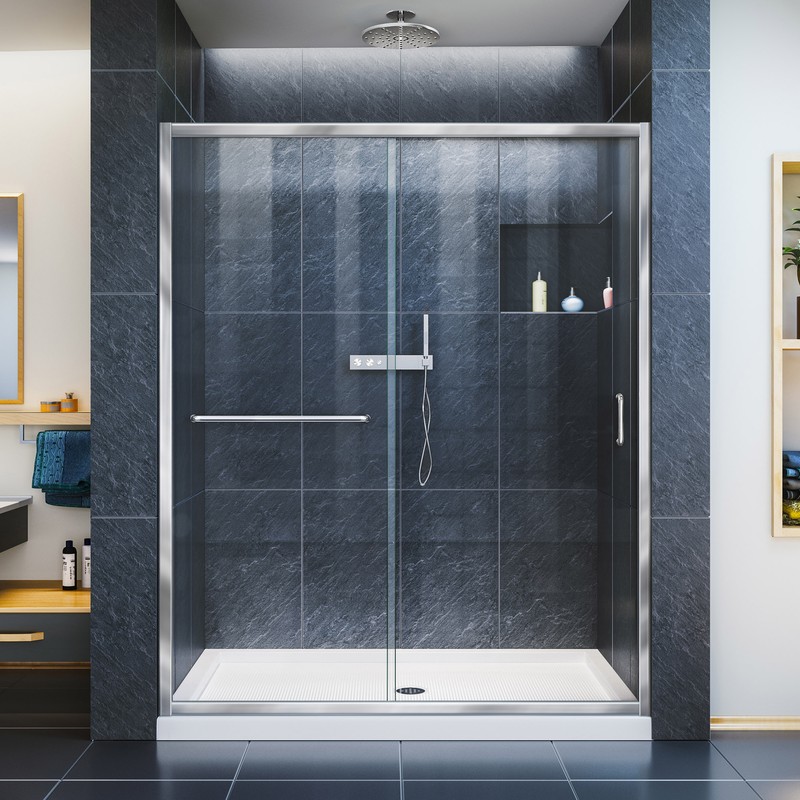 DreamLine Infinity-Z 34 in. D x 60 in. W x 74 3/4 in. H Clear Sliding Shower Door in Oil Rubbed Bronze, Right Drain Biscuit Base