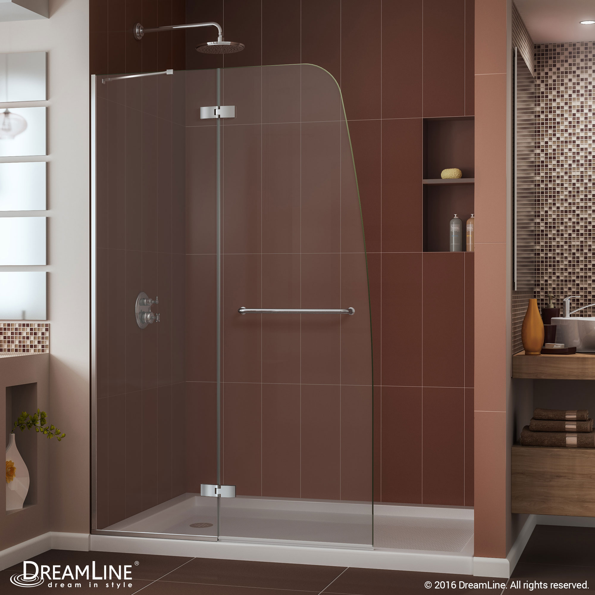 DreamLine Aqua Ultra 32 in. D x 60 in. W x 74 3/4 in. H Frameless Shower Door in Chrome and Right Drain Biscuit Base Kit