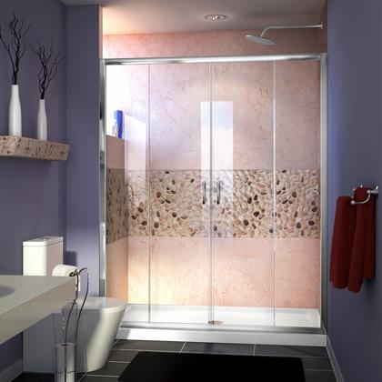 DreamLine Visions 30 in. D x 60 in. W x 74 3/4 in. H Sliding Shower Door in Chrome with Left Drain Biscuit Shower Base