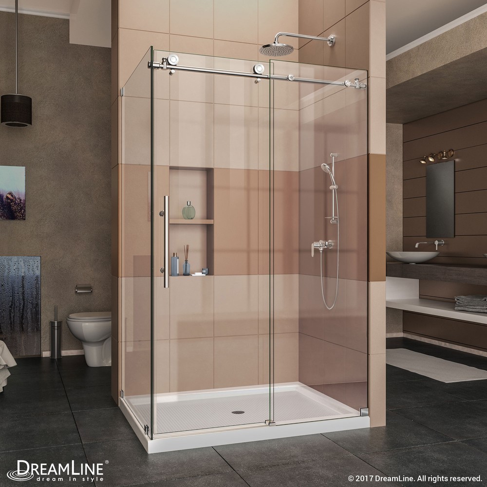 DreamLine Enigma-X 32 1/2 in. D x 48 3/8 in. W x 76 in. H Fully Frameless Sliding Shower Enclosure in Brushed Stainless Steel