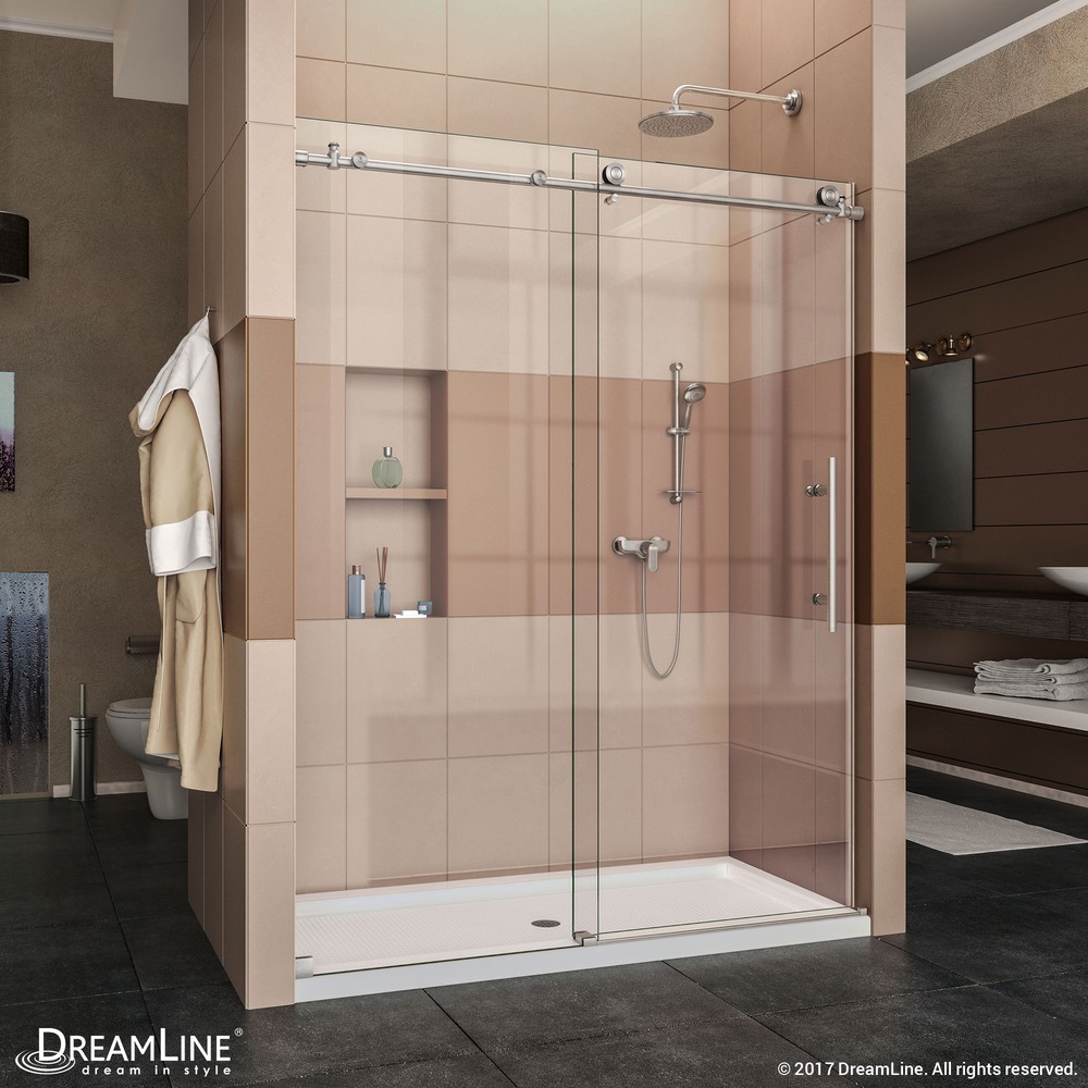 DreamLine Enigma-X 32 1/2 in. D x 48 3/8 in. W x 76 in. H Fully Frameless Sliding Shower Enclosure in Polished Stainless Steel