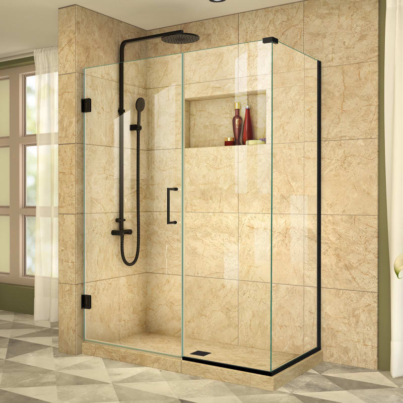 DreamLine Unidoor Plus 52 in. W x 34 3/8 in. D x 72 in. H Frameless Hinged Shower Enclosure, Clear Glass, Satin Black