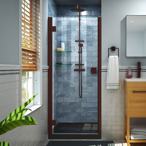 DreamLine Lumen 32 in. D x 42 in. W by 74 3/4 in. H Hinged Shower Door in Oil Rubbed Bronze with Black Acrylic Base Kit