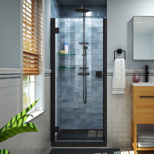 DreamLine Lumen 32 in. D x 42 in. W by 74 3/4 in. H Hinged Shower Door in Satin Black with Black Acrylic Base Kit