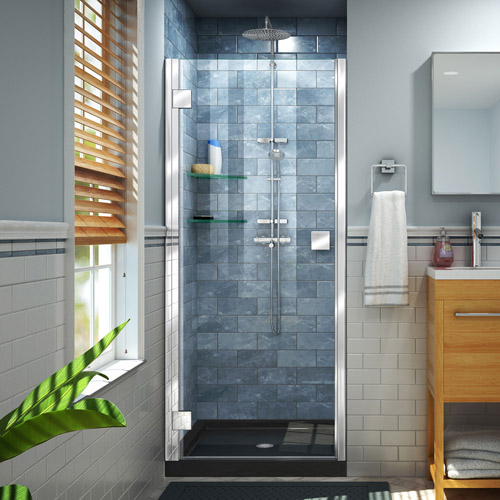 DreamLine Lumen 34 in. D x 42 in. W by 74 3/4 in. H Hinged Shower Door in Chrome with Black Acrylic Base Kit