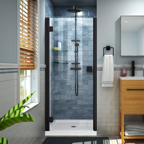 DreamLine Lumen 36 in. D x 36 in. W by 74 3/4 in. H Hinged Shower Door in Satin Black with White Acrylic Base Kit