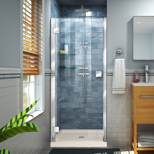 DreamLine Lumen 36 in. D x 36 in. W by 74 3/4 in. H Hinged Shower Door in Chrome with Biscuit Acrylic Base Kit
