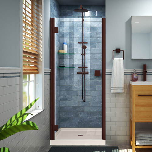 DreamLine Lumen 36 in. D x 36 in. W by 74 3/4 in. H Hinged Shower Door in Oil Rubbed Bronze with Biscuit Acrylic Base Kit