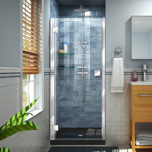 DreamLine Lumen 36 in. D x 42 in. W by 74 3/4 in. H Hinged Shower Door in Chrome with Black Acrylic Base Kit