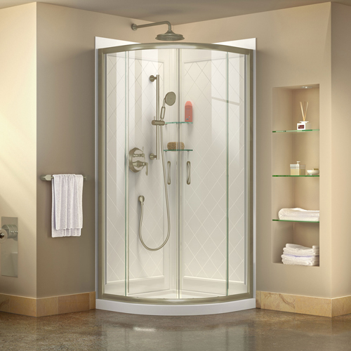 DreamLine Prime 33 in. x 76 3/4 in. Semi-Frameless Clear Glass Sliding Shower Enclosure in Brushed Nickel with Base and Backwall