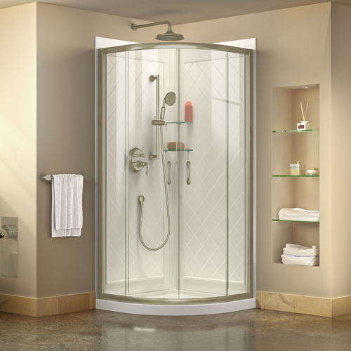 DreamLine Prime 38 in. x 76 3/4 in. Semi-Frameless Clear Glass Sliding Shower Enclosure in Brushed Nickel with Base and Backwall