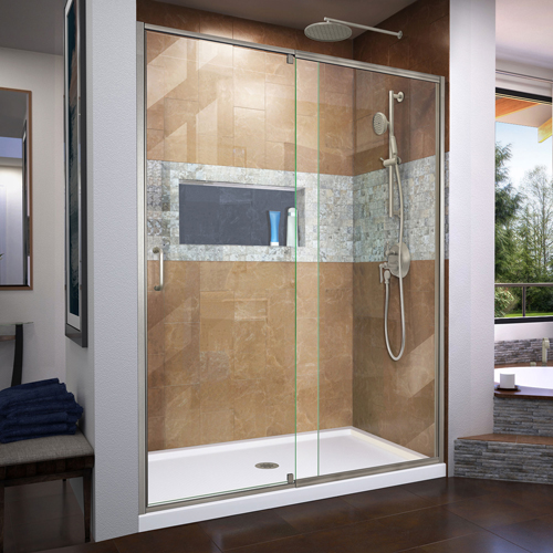 DreamLine Flex 30 in. D x 60 in. W x 74 3/4 in. H Semi-Frameless Shower Door in Brushed Nickel with Center Drain White Base Kit