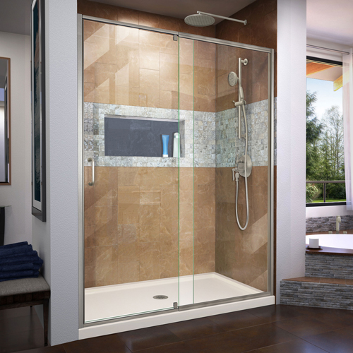 DreamLine Flex 30 in. D x 60 in. W x 74 3/4 in. H Semi-Frameless Shower Door in Brushed Nickel with Center Drain Biscuit Base Ki