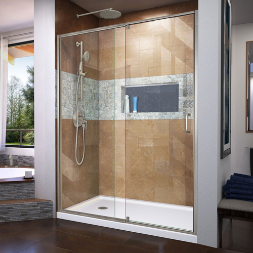 DreamLine Flex 30 in. D x 60 in. W x 74 3/4 in. H Semi-Frameless Shower Door in Brushed Nickel with Left Drain White Base Kit