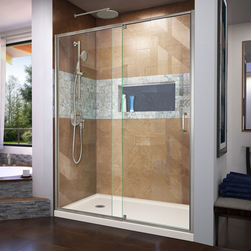 DreamLine Flex 30 in. D x 60 in. W x 74 3/4 in. H Semi-Frameless Shower Door in Brushed Nickel with Left Drain Biscuit Base Kit