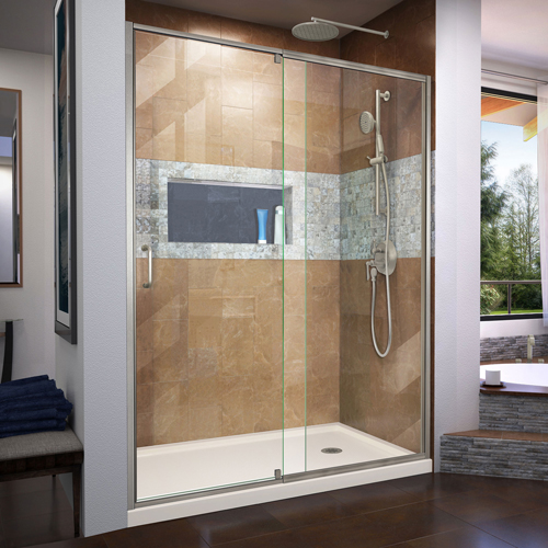 DreamLine Flex 34 in. D x 60 in. W x 74 3/4 in. H Semi-Frameless Shower Door in Brushed Nickel with Right Drain Biscuit Base Kit