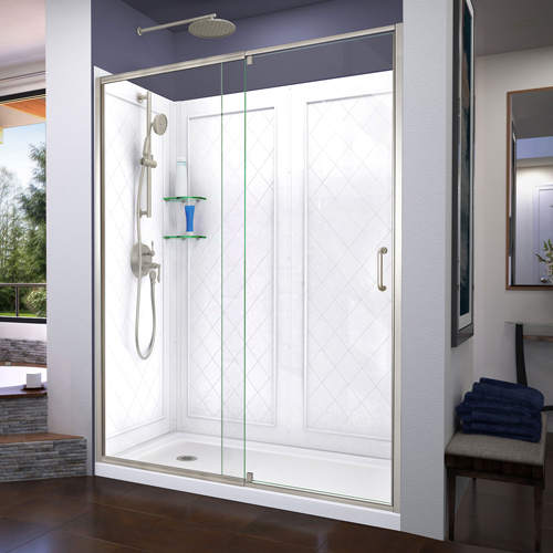 DreamLine Flex 30 in. D x 60 in. W x 76 3/4 in. H Semi-Frameless Shower Door in Brushed Nickel with Left Drain Base and Backwall