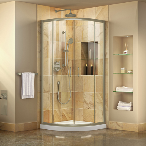 DreamLine Prime 33 in. x 74 3/4 in. Semi-Frameless Clear Glass Sliding Shower Enclosure in Brushed Nickel with White Base Kit