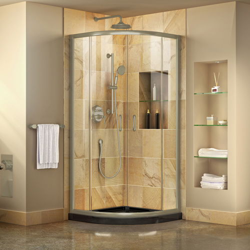 DreamLine Prime 33 in. x 74 3/4 in. Semi-Frameless Clear Glass Sliding Shower Enclosure in Brushed Nickel with Black Base Kit