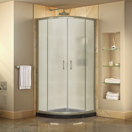 DreamLine Prime 36 in. x 74 3/4 in. Semi-Frameless Frosted Glass Sliding Shower Enclosure in Brushed Nickel with Black Base Kit