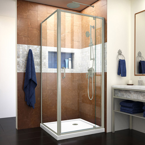 DreamLine Flex 32 in. D x 32 in. W x 74 3/4 in. H Semi-Frameless Pivot Shower Enclosure in Brushed Nickel and White Base Kit