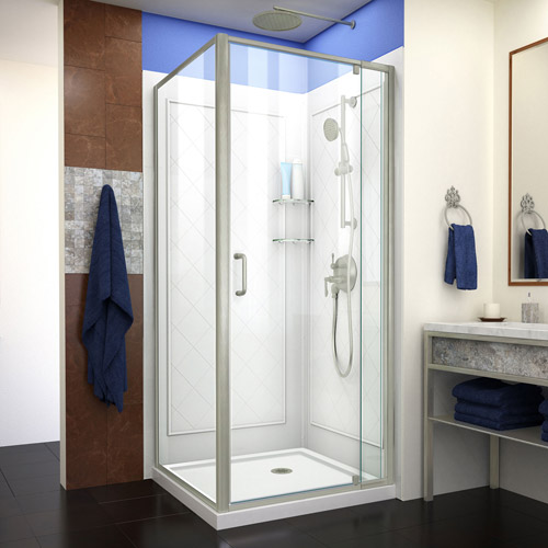 DreamLine Flex 32 in. D x 32 in. W x 76 3/4 in. H Semi-Frameless Shower Enclosure in Brushed Nickel with White Base and Backwall