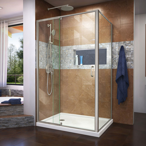 DreamLine Flex 36 in. D x 48 in. W x 74 3/4 in. H Semi-Frameless Shower Enclosure in Brushed Nickel with Left Drain White Base K