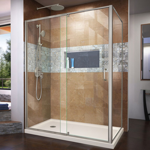 DreamLine Flex 36 in. D x 60 in. W x 74 3/4 in. H Semi-Frameless Shower Enclosure in Brushed Nickel with Left Drain Biscuit Base