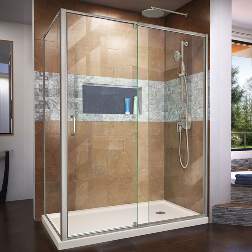 DreamLine Flex 36 in. D x 60 in. W x 74 3/4 in. H Semi-Frameless Shower Enclosure in Brushed Nickel with Right Drain Biscuit Bas