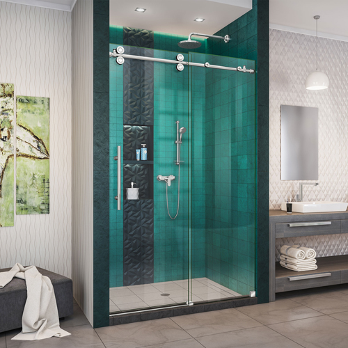 DreamLine Enigma-XO 44-48 in. W x 76 in. H Fully Frameless Sliding Shower Door in Polished Stainless Steel