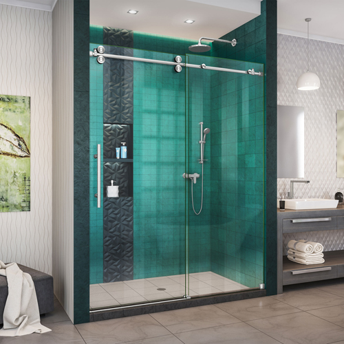 DreamLine Enigma-XO 56-60 in. W x 76 in. H Fully Frameless Sliding Shower Door in Brushed Stainless Steel