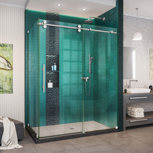 DreamLine Enigma-XO 32 1/2 in. D x 56 3/8-60 3/8 in. W x 76 in. H Frameless Shower Enclosure in Polished Stainless Steel