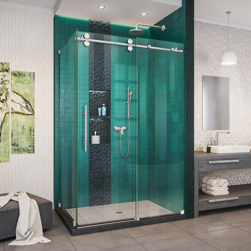 DreamLine Enigma-XO 34 1/2 in. D x 44 3/8-48 3/8 in. W x 76 in. H Frameless Shower Enclosure in Polished Stainless Steel