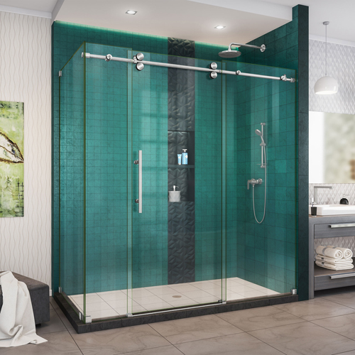 DreamLine Enigma-XO 34 1/2 in. D x 68 3/8-72 3/8 in. W x 76 in. H Frameless Shower Enclosure in Brushed Stainless Steel