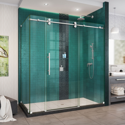 DreamLine Enigma-XO 34 1/2 in. D x 68 3/8-72 3/8 in. W x 76 in. H Frameless Shower Enclosure in Polished Stainless Steel