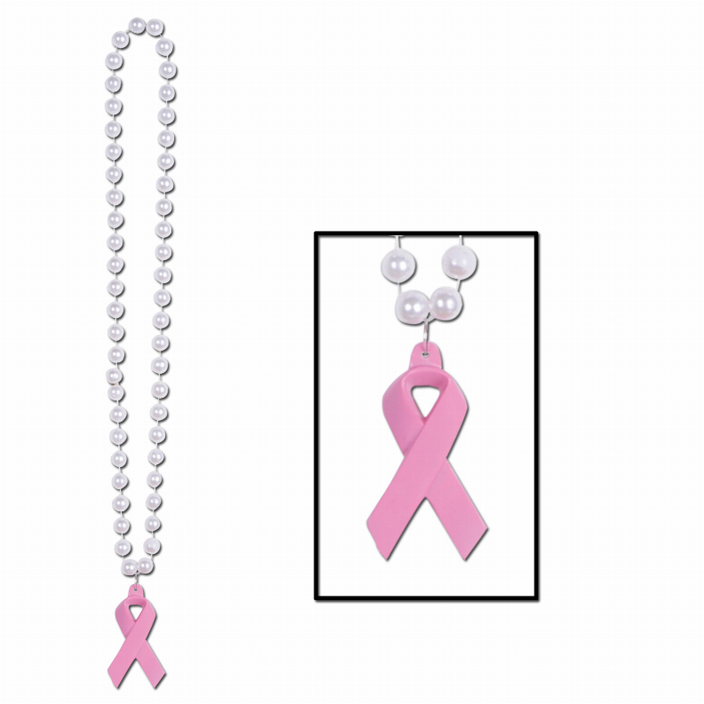 Beads with Medallion -  40"Pink RibbonBeads with Pink Ribbon