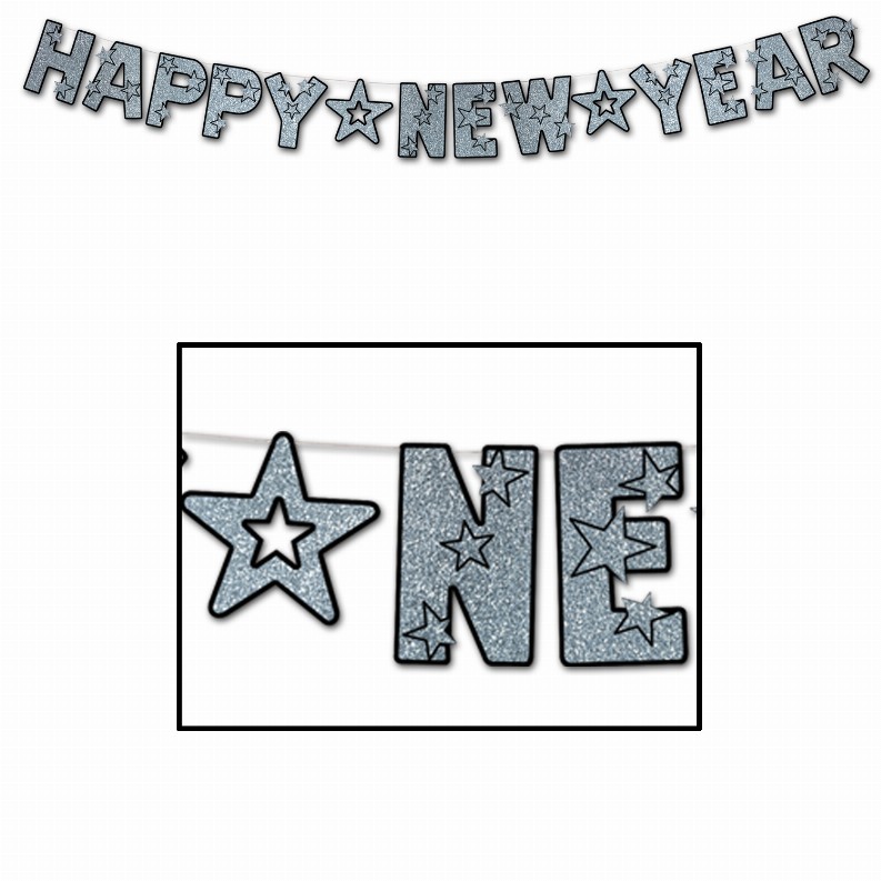 Party Streamers - 8.5" x 8'New YearsSilver Glittered Happy New Year