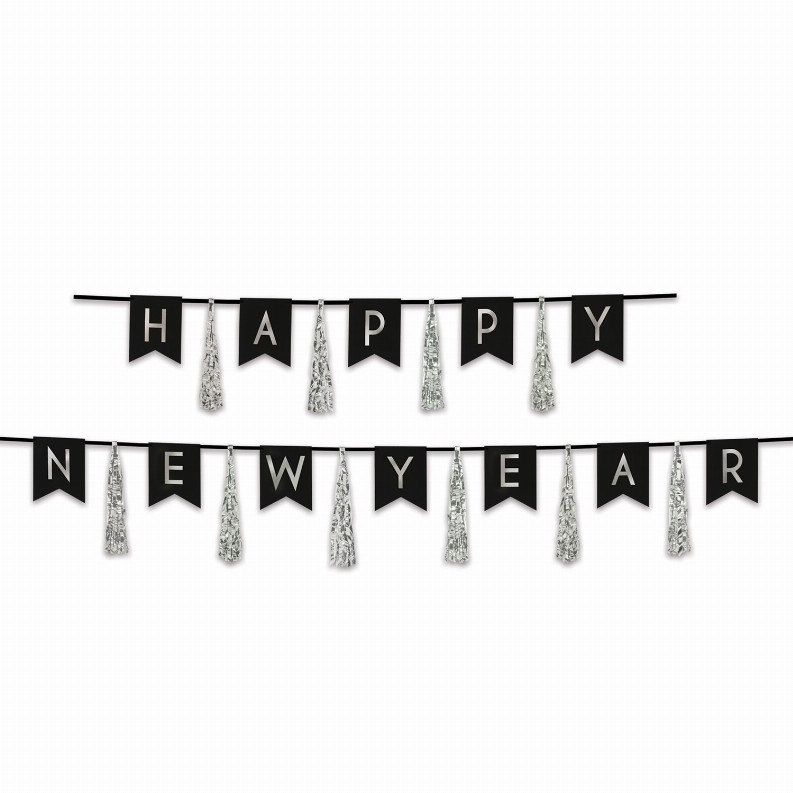 Party Streamers - 13" x 6' & 13" x 9'New YearsHappy New Year Tassel Silver