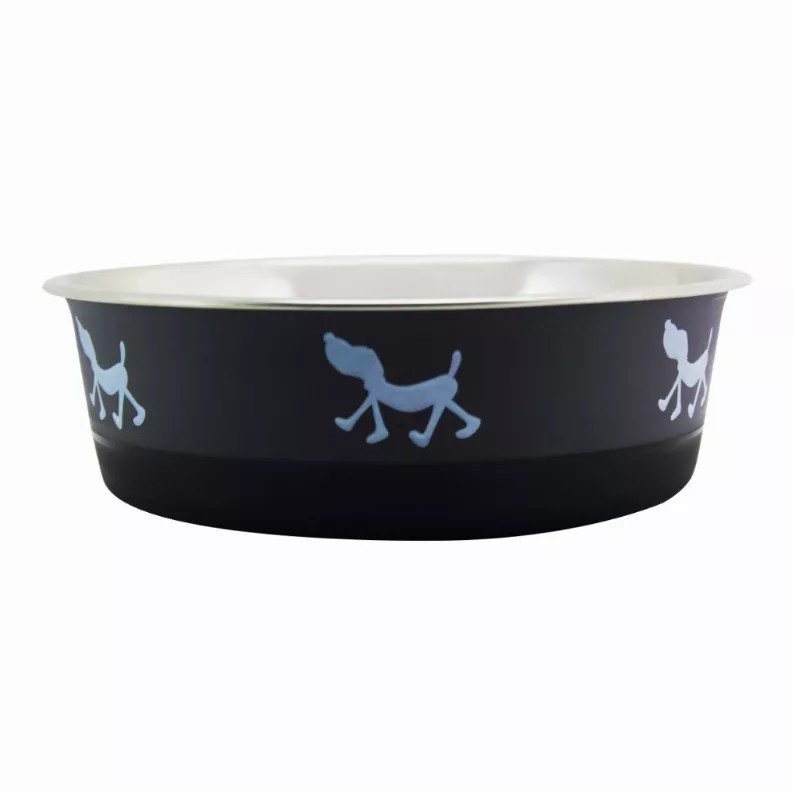 Stainless Steel Pet Bowl with Anti Skid Rubber Base and Dog Design, Gray and Black