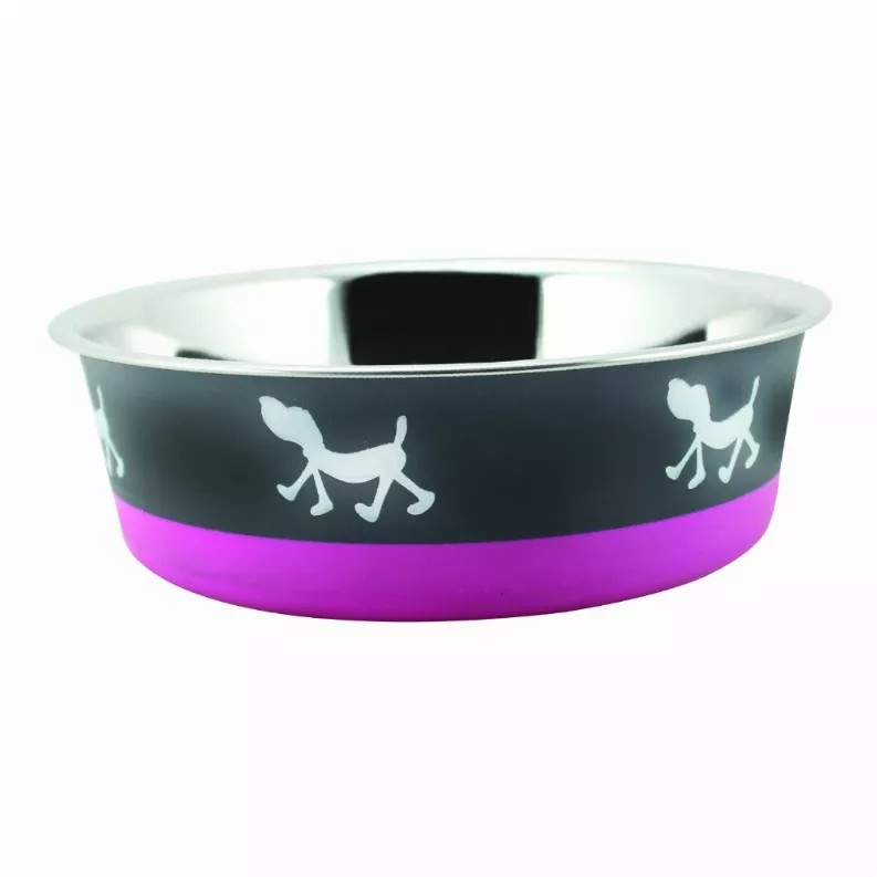 Stainless Steel Pet Bowl with Anti Skid Rubber Base and Dog Design, Gray and Pink